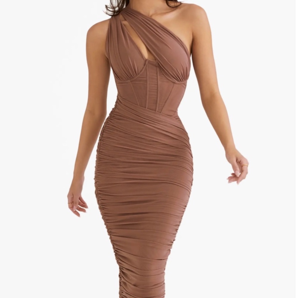 Valentina Asymmetric Cutout One-Shoulder Midi Dress/ in color mocha  SIZE LARGE